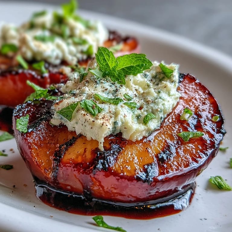 Golden grilled plums with creamy goat cheese and sticky balsamic glaze, perfect for summer appetizers.
