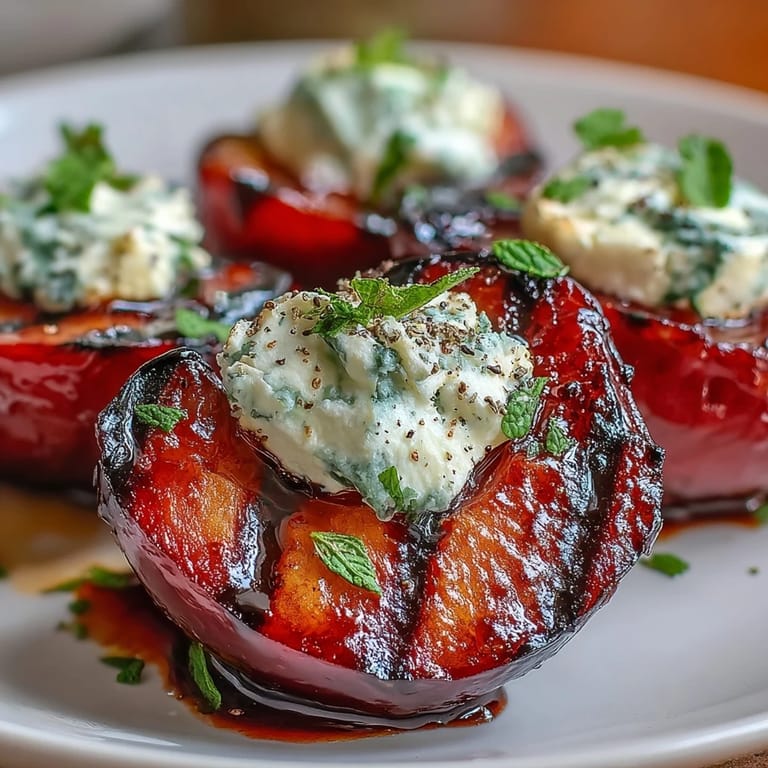 Ripe grilled plums topped with goat cheese and balsamic reduction, garnished with mint for a light dessert.