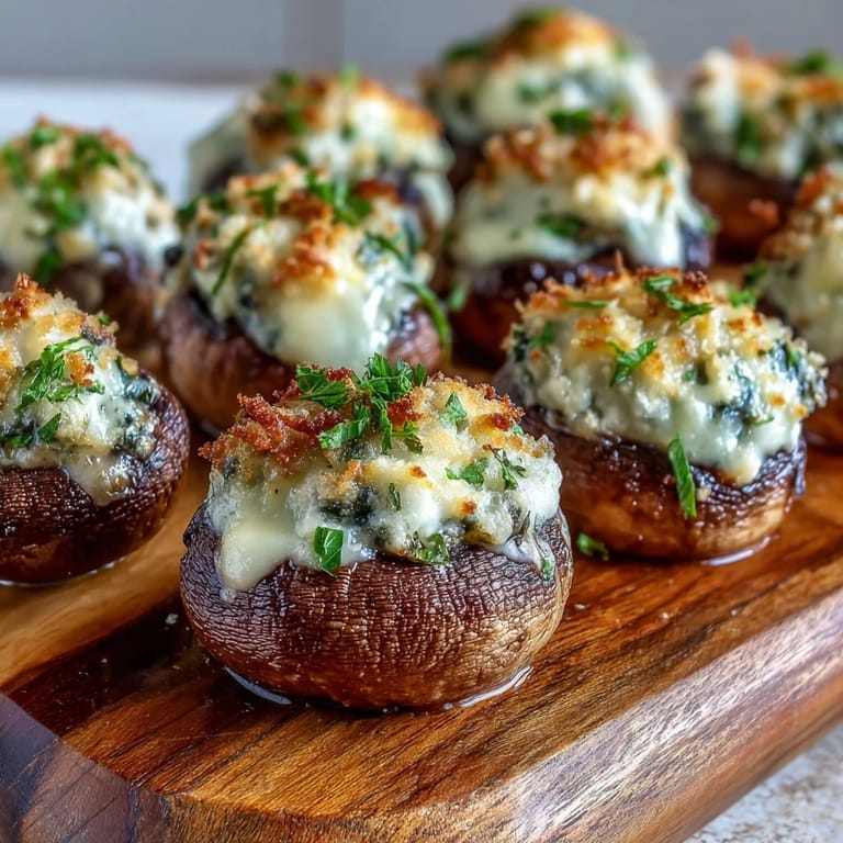 Golden-brown Stuffed Asiago-Basil Mushrooms release savory steam, revealing creamy fillings with flecks of fresh herbs on a white serving plate.