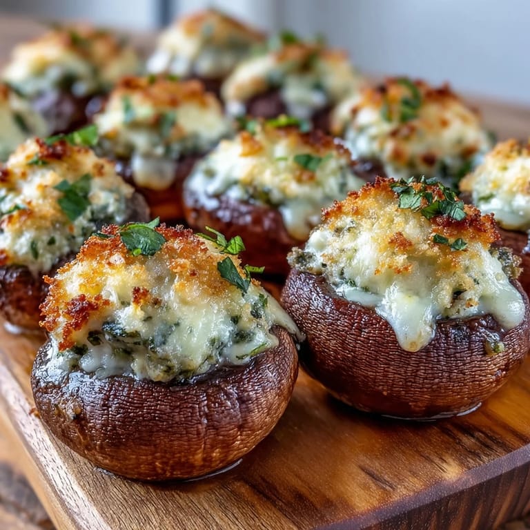 Perfectly cooked Stuffed Asiago-Basil Mushrooms paired with a chilled glass of Pinot Grigio for an Italian-inspired appetizer spread.