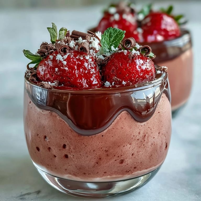 A serving spoon dips into a rich Chocolate-Covered Strawberry Mousse, garnished with fresh strawberry halves and delicate chocolate shavings.