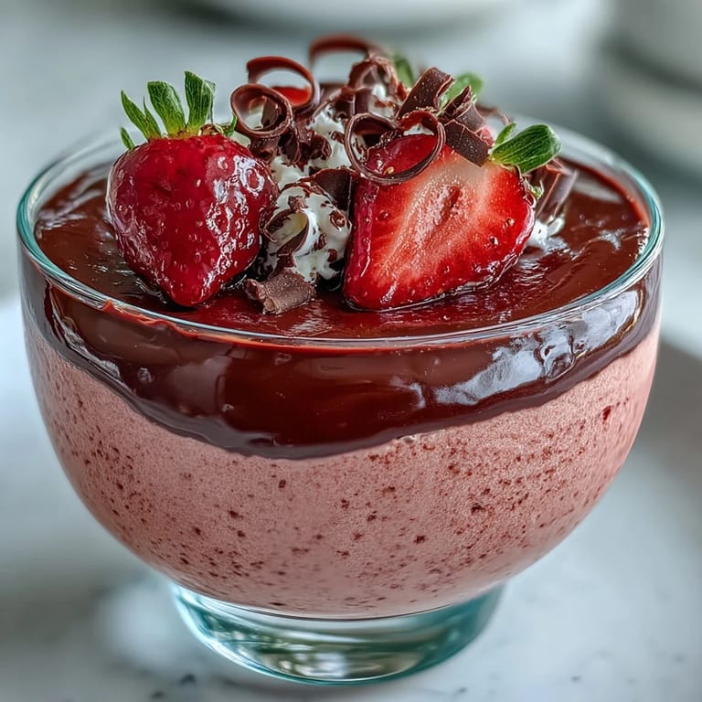 Close-up of layered Chocolate-Covered Strawberry Mousse topped with shaved chocolate, with a background of fresh berries and mint.
