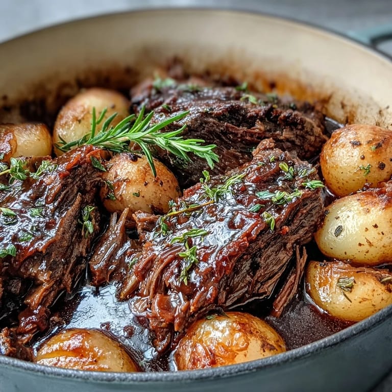 A rustic Dutch oven filled with simmering Beef Pot Roast, aromatic herbs, and colorful vegetables during the slow-cooking process.