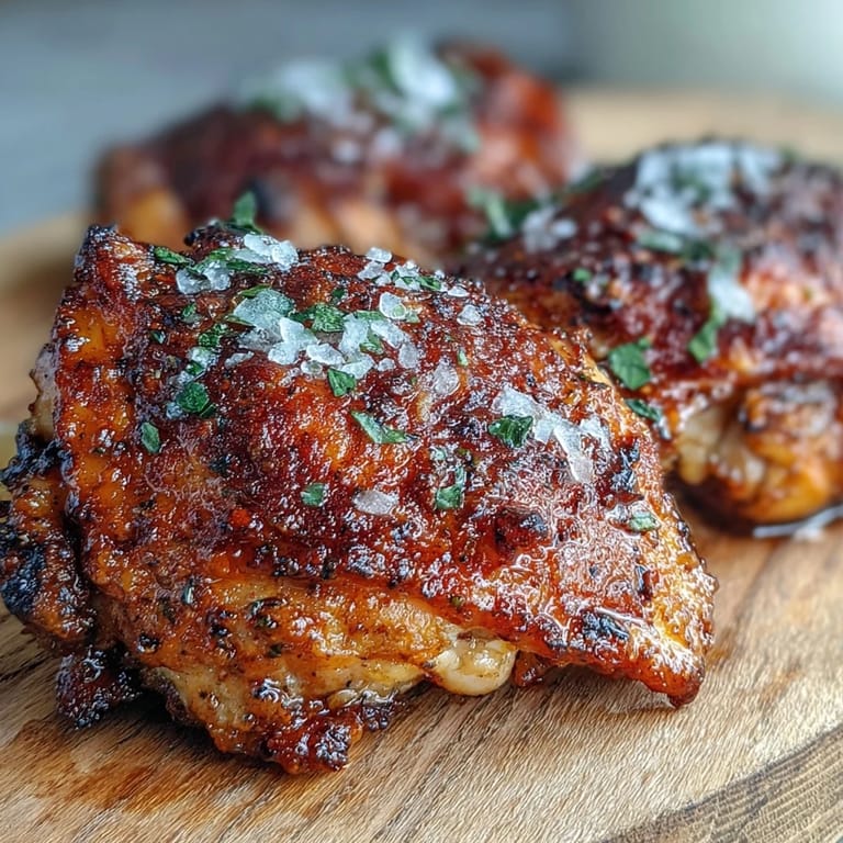 Golden Crispy Baked Bone-In Chicken Thighs are plated for dinner with fresh parsley garnish.