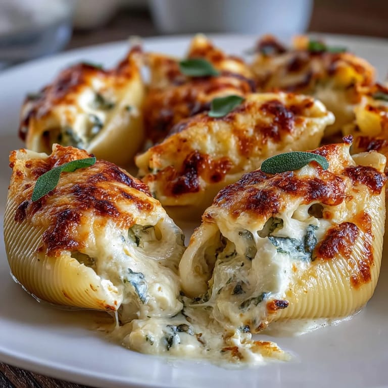 Fork-ready jumbo shells with creamy pumpkin and smoked Gouda filling in brown butter Alfredo sauce.