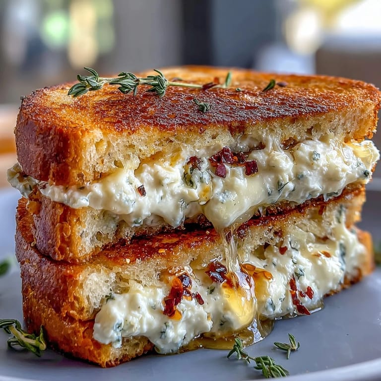 Two halves of a goat cheese grilled cheese with honey and chili flakes, melty cheese and herbs on marble.