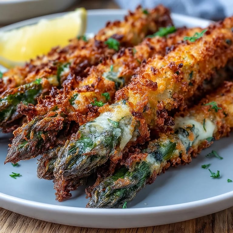 Perfectly baked Crispy Asiago Asparagus Spears garnished with fresh parsley and a pinch of paprika.