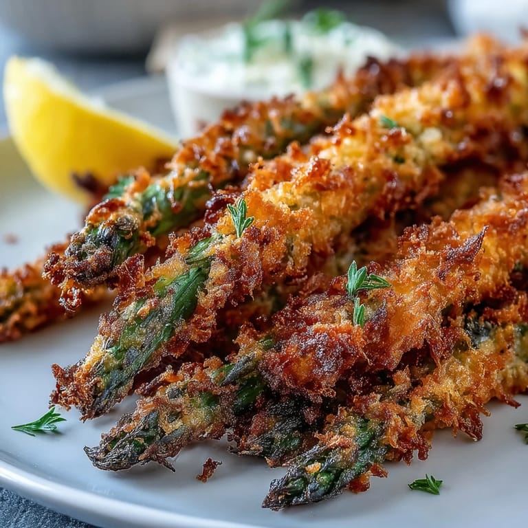 Warm, crunchy Crispy Asiago Asparagus Spears served on a plate with a side of dipping sauce.