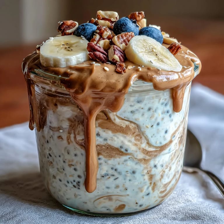 A jar of High-Protein Peanut Butter Overnight Oats with Greek yogurt and fresh berries, ready to eat.