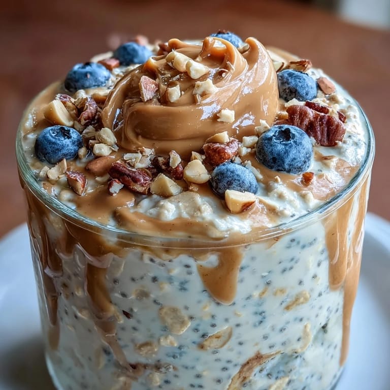 High-Protein Peanut Butter Overnight Oats served in a clear jar with a drizzle of honey and seeds.
