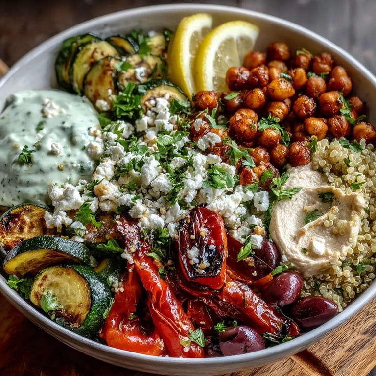 Colorful Mediterranean Buddha Bowl with crumbled feta, Kalamata olives, and tangy Greek yogurt, served with fresh lemon wedges.