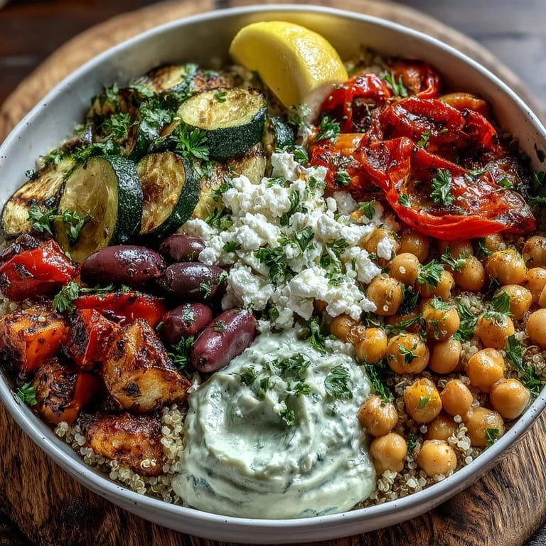 Top-down view of a hearty Mediterranean Buddha Bowl featuring warm chickpeas, vibrant roasted veggies, and parsley garnish.