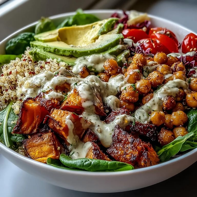 Top-down view of a hearty Buddha Bowl with Quinoa, filled with fresh spinach, cherry tomatoes, cucumber, and shredded red cabbage, ready to enjoy.