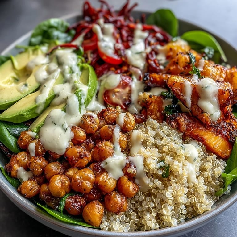 A serving of a nourishing Buddha Bowl with Quinoa, featuring fluffy grains and colorful roasted vegetables topped with a generous swirl of homemade tahini dressing.