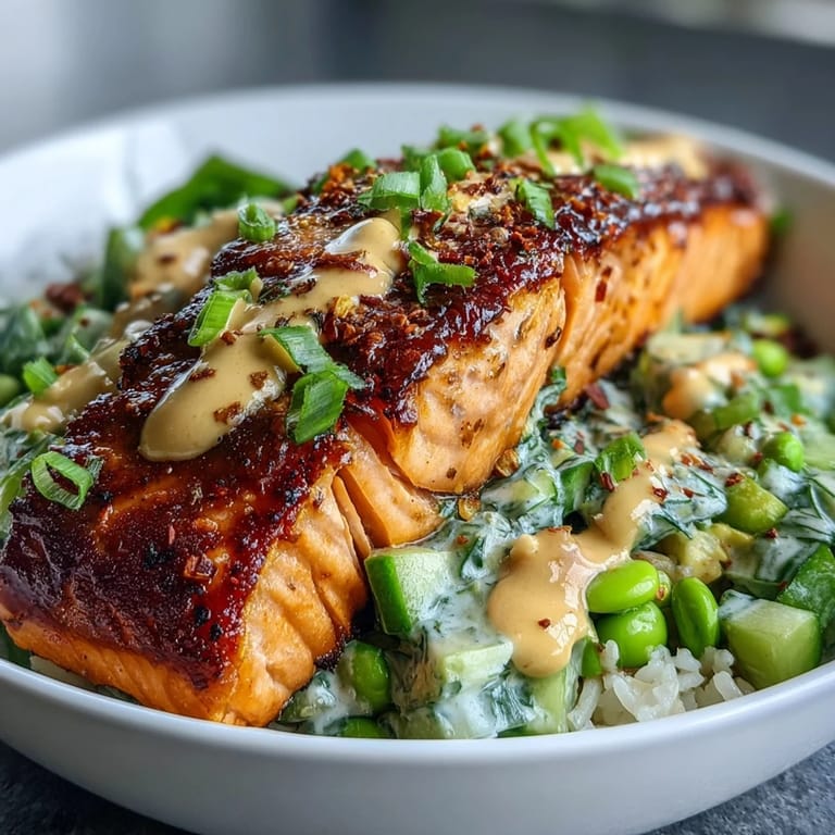 Topped sesame seeds and lime wedges, this spicy Bang Bang Salmon Bowl feels restaurant-worthy yet weeknight-easy for four servings.