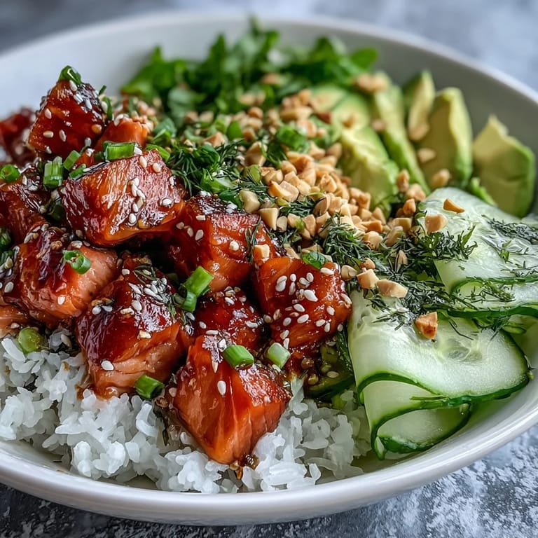 A nutritious Avocado Salmon Bowl served with zesty lime wedges and chopped peanuts, showcasing tender fish and ripe avocado over a bed of seasoned rice.
