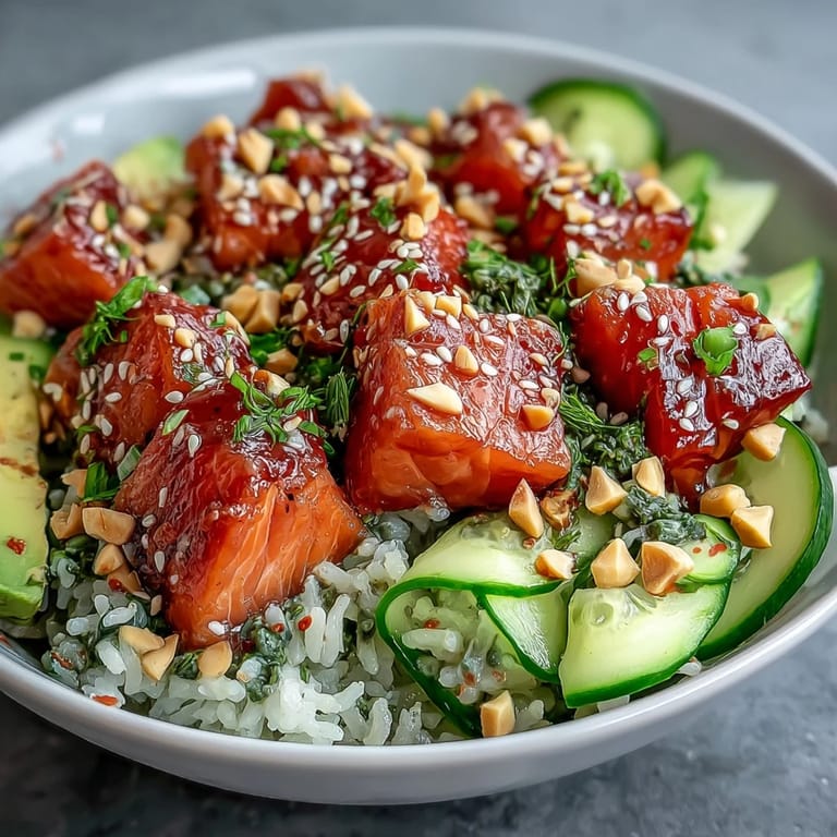 A close-up of an Avocado Salmon Bowl featuring marinated salmon cubes, vibrant spring onions, and a dollop of wasabi, ready to be mixed with umami tamari sauce.