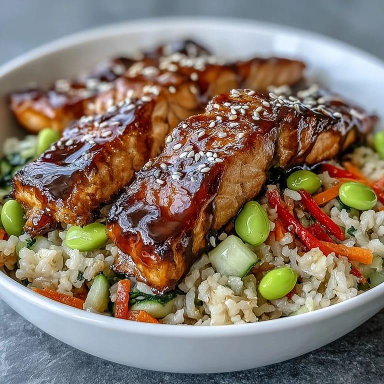 Deconstructed Asian-Inspired Salmon Bowl with steamed rice, vibrant vegetables, and lime wedges on a wooden table.