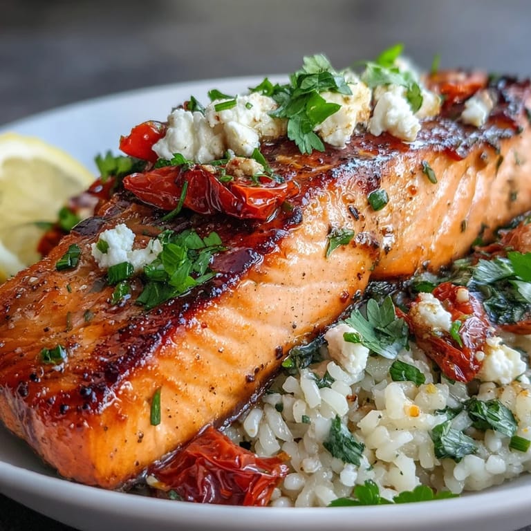 A vibrant Mediterranean Salmon Bowl with feta, sun-dried tomatoes, and peppers next to lemon wedges.
