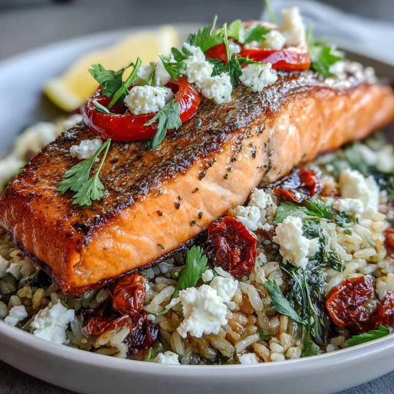 Close-up of flaky salmon on crispy rice in a Mediterranean Salmon Bowl, topped with feta and fresh cilantro.