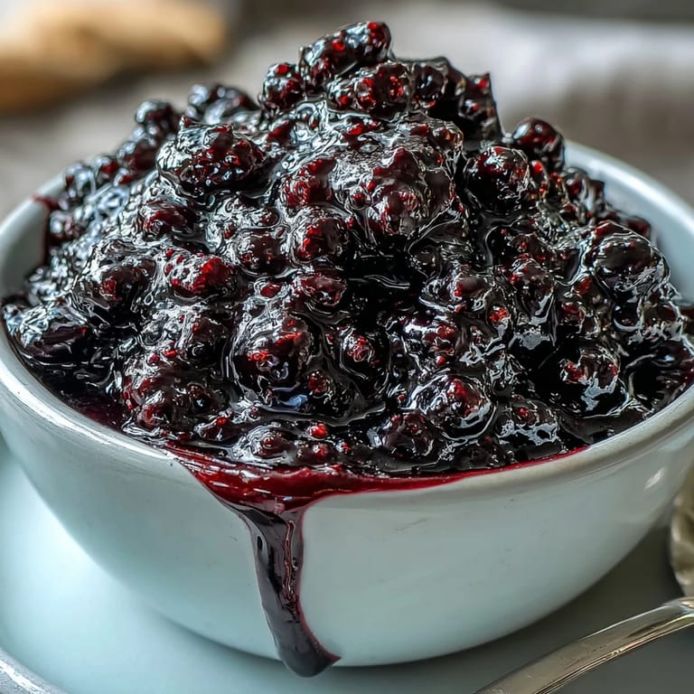 Rich Black Currant Reduction sauce in a small glass jar, surrounded by fresh currants, herbs, and red wine.