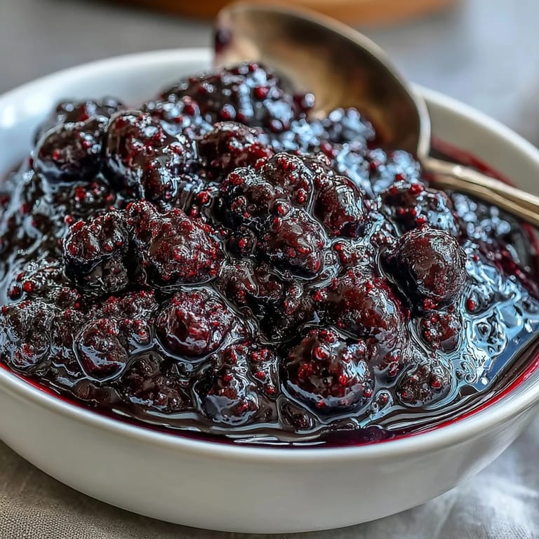 Spoon lifting velvety Black Currant Reduction sauce from a saucepan, showcasing its deep, jewel-toned color and texture.