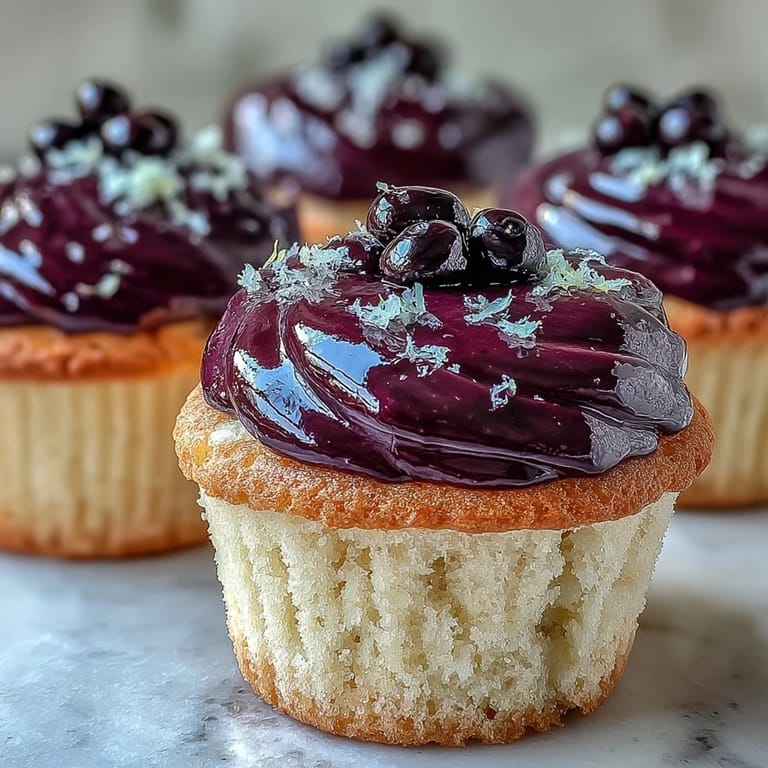 On a rustic board, Olive Oil Cupcakes With Black Currant Frosting show moist crumb beside a jar of deep purple jam.