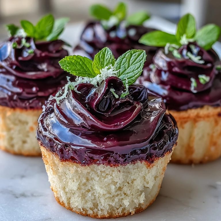 Twelve Olive Oil Cupcakes With Black Currant Frosting garnished with zest sit beside teacups for an afternoon tea spread.