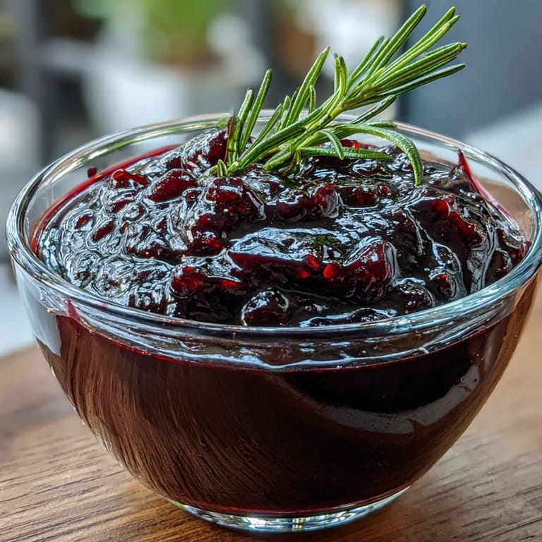 Close-up on a ceramic dish where Black Currant and Rosemary Reduction glistens beside fresh rosemary sprigs and sliced venison. The sauce's rich, jewel-toned hue and thick consistency promise a tangy, aromatic topping for elegant dinners.