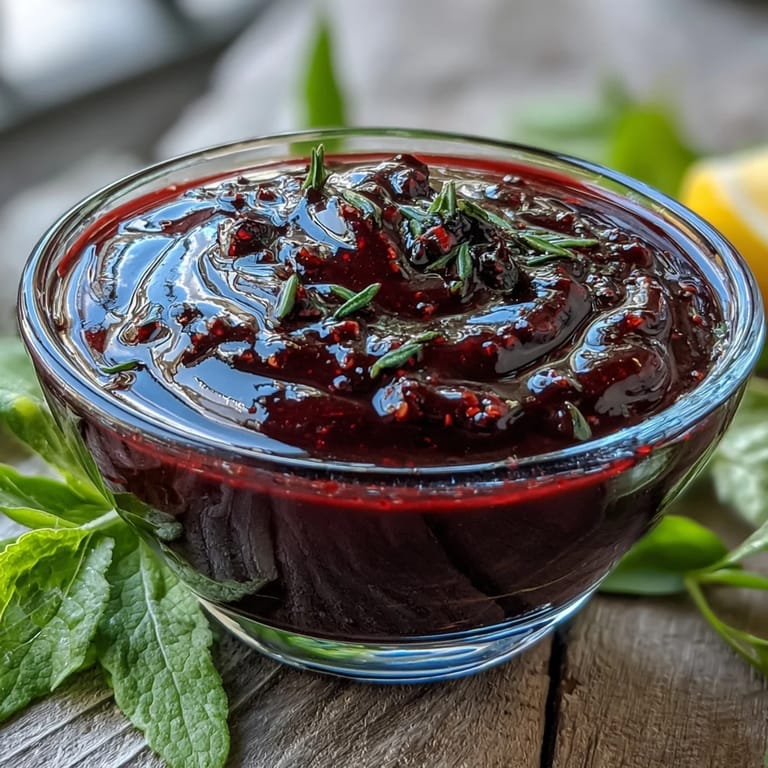 Clear glass cruet filled with dark purple Black Currant Vinaigrette, placed beside fresh ingredients like lemons, shallots, and a bottle of olive oil.