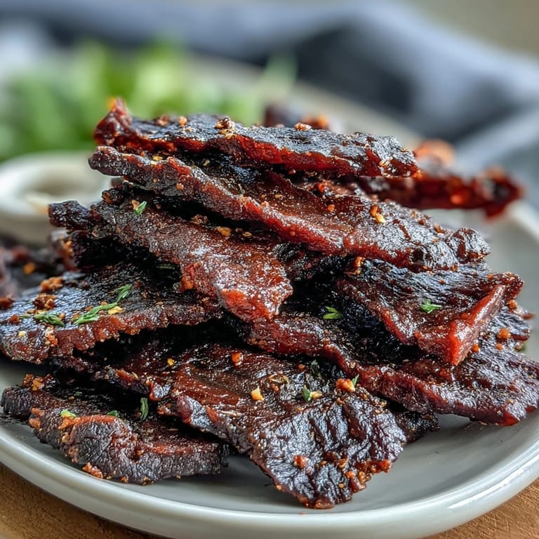 A close-up view highlights the tender, chewy texture of Black Currant Smoky Jerky, marinated in a rich, tangy sauce and served alongside a chilled craft beer.