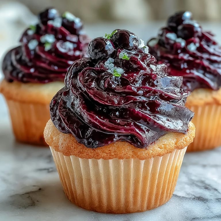 A bowl of glossy Black Currant Frosting, ready to spread on a layer cake or sweet petit fours.