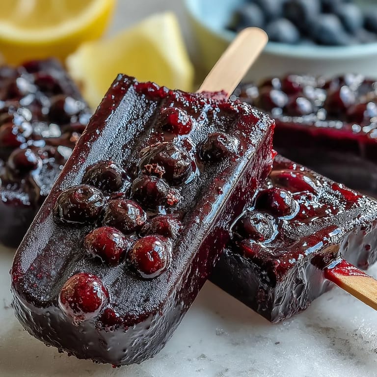 Homemade blackcurrant popsicle with a deep purple hue held by hand against a bright blue sky, showcasing a cool vegan frozen treat on a sunny day.