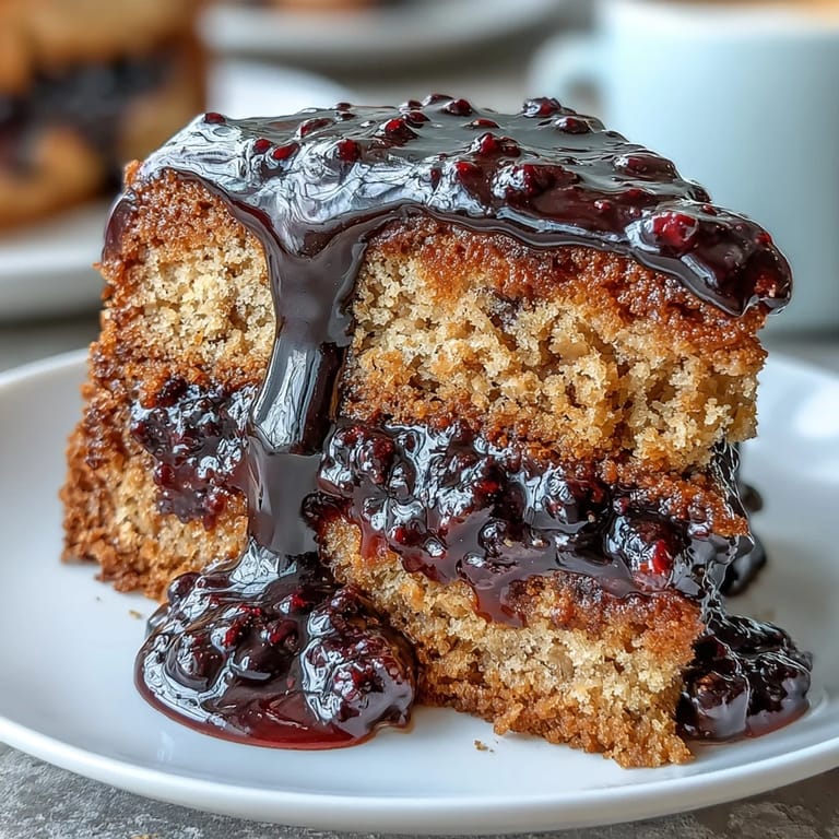 A plated slice of PB and J Cake With Black Currant Sauce, bright berry swirls beside vanilla ice cream.