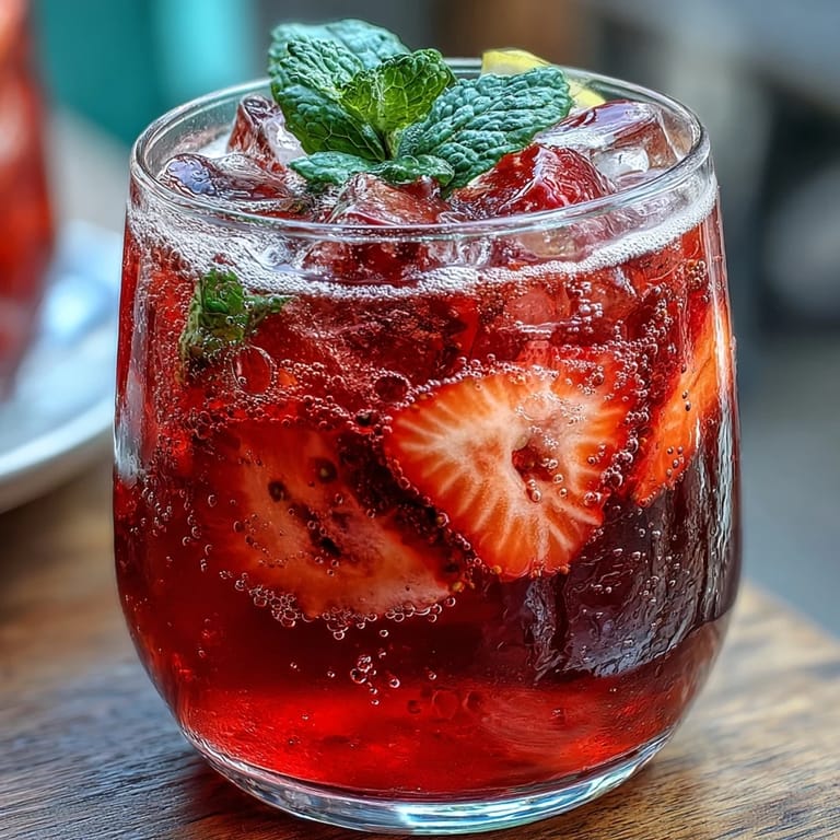 Bright, bubbly strawberry lemon sparkling mocktail in a glass, garnished with whole strawberries and lemon wheels for a festive summer drink.