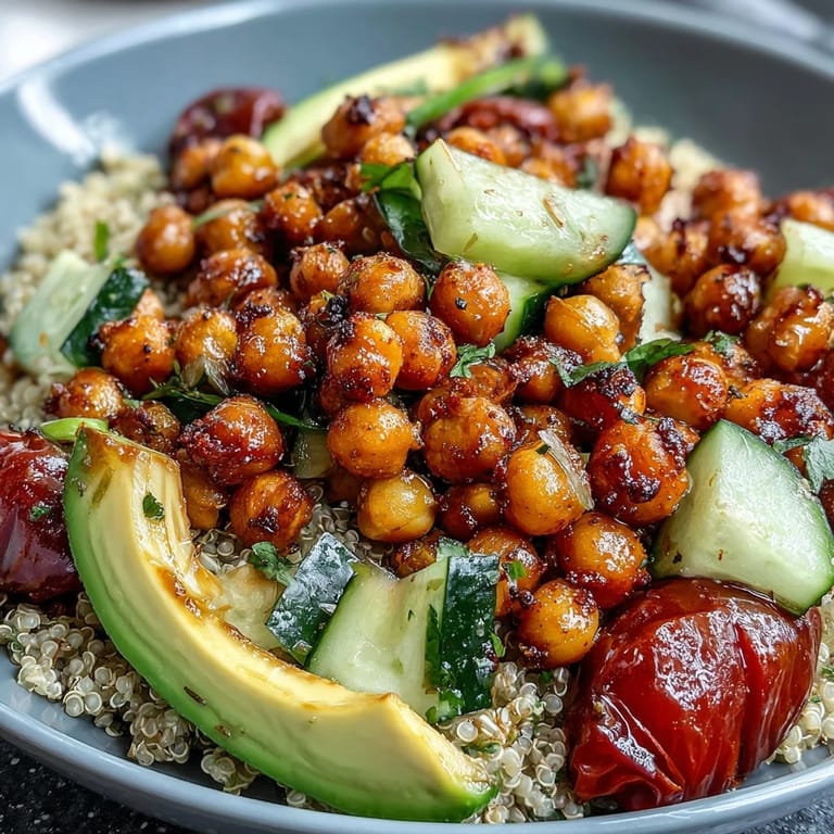 Nutritious grain bowls featuring crispy roasted chickpeas, crisp vegetables, and zesty lemon vinaigrette for a satisfying vegetarian dish.