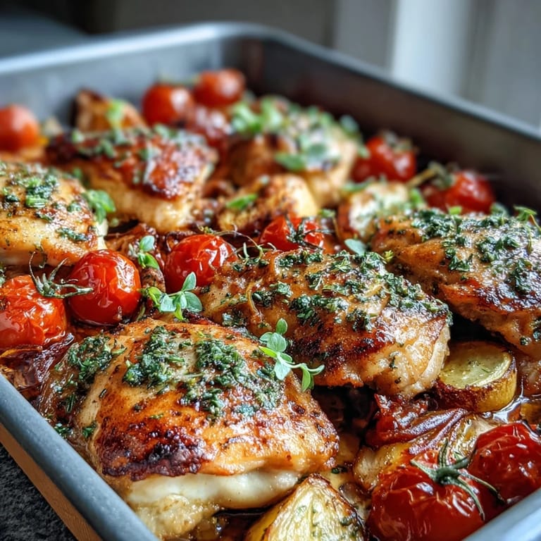 Spring-inspired one-pan meal featuring tender chicken, colorful zucchini slices, and sweet cherry tomatoes, perfect for busy weeknights.