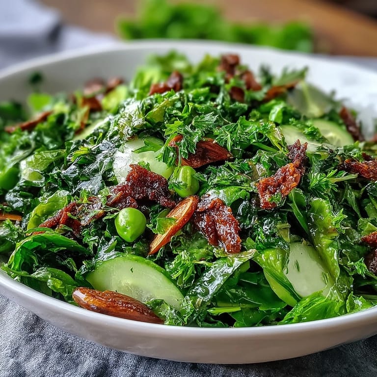 Honey mustard and almond spring green salad, featuring a medley of tender leaves and bright vegetables.