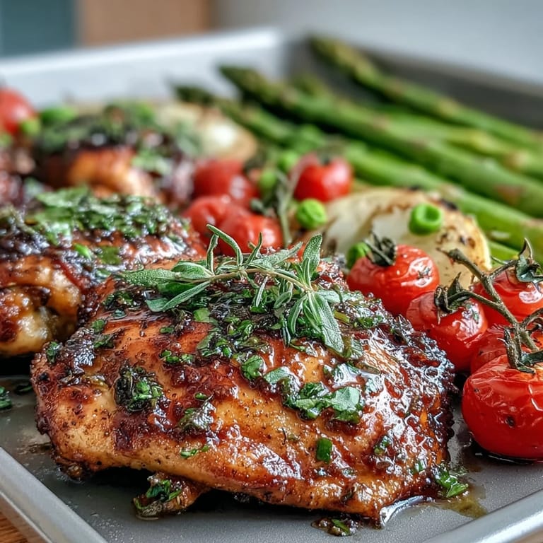 Healthy Easy Sheet Pan Chicken with Spring Veggies, roasted to golden perfection with asparagus, cherry tomatoes, and snap peas.
