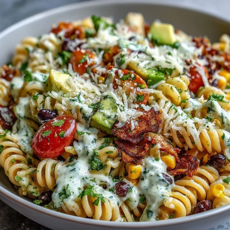 Vibrant Tex-Mex pasta salad featuring rotini, cheddar cheese, and fresh vegetables, all tossed in zesty lime taco dressing for summer gatherings.