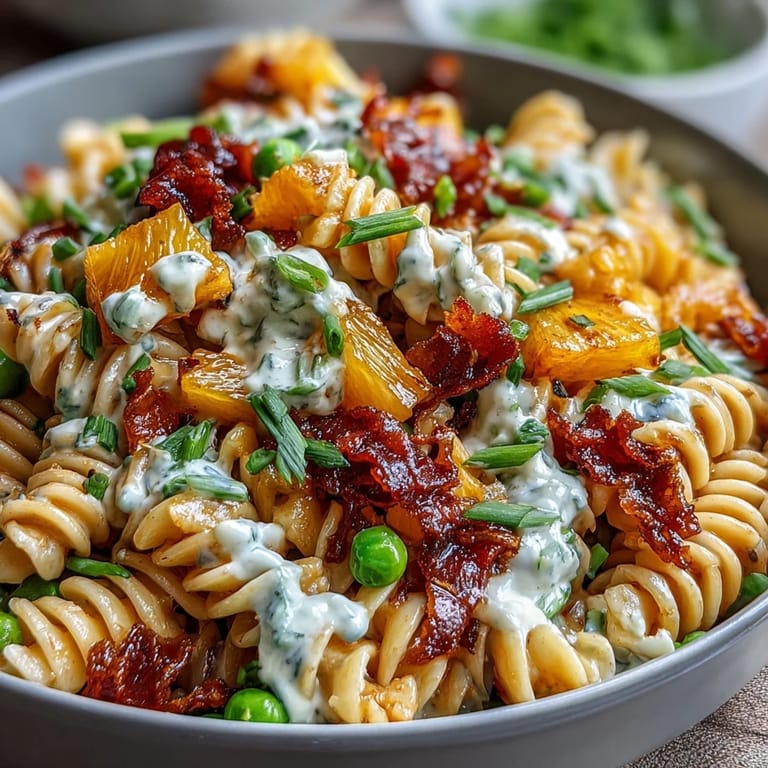 Creamy ranch pasta salad with juicy pineapple, diced ham, and crisp veggies, served chilled for a refreshing meal.