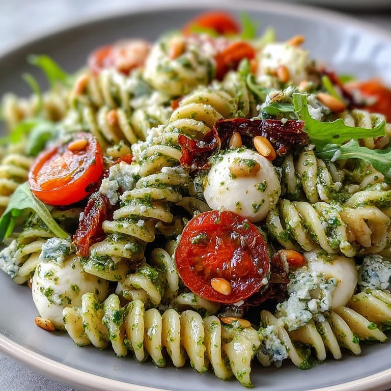 Creamy mozzarella, sweet cherry tomatoes, and aromatic pesto coat tender pasta in this vibrant summer pasta salad with pesto, cherry tomatoes, and mozzarella.