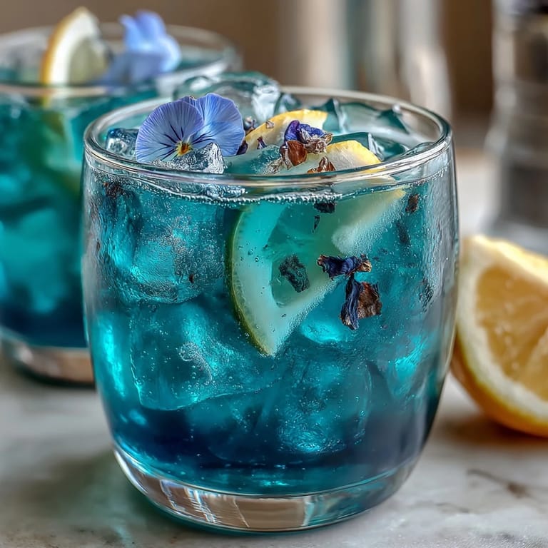 Magical color-changing butterfly pea flower lemonade, served over ice with fresh lemon slices for a refreshing summer drink.