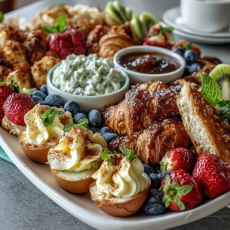 Colorful Easter brunch platter featuring deviled eggs, seasonal fruit, and mini pastries for a joyful morning.  