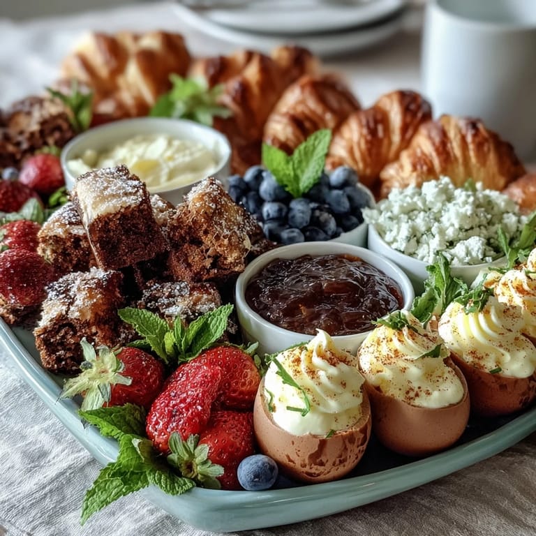 Vibrant Easter brunch spread with classic deviled eggs, juicy fruit, and assorted pastries for a perfect gathering.