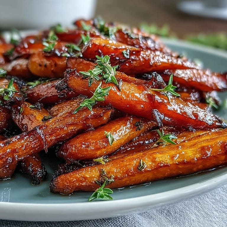 Golden honey glazed carrots with thyme, roasted until caramelized and served warm as a vibrant vegetarian side.