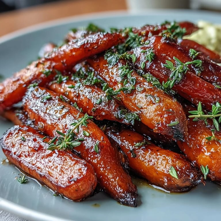 Oven-roasted carrots in a honey-thyme glaze, tender and fragrant, ideal for holiday tables or family dinners.