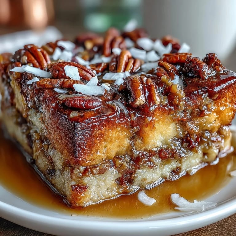 Traditional Mexican capirotada bread pudding layered with cinnamon syrup, dried fruits, and cheese, topped with crunchy pecans and almonds.