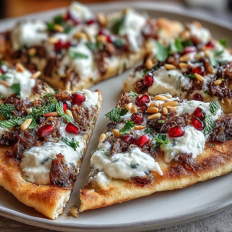 Warm, aromatic spiced lamb on crispy flatbread, garnished with tangy yogurt and crunchy pomegranate for a Middle Eastern twist.