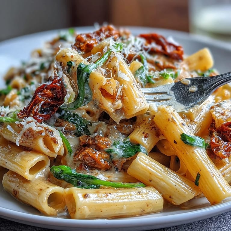 One-Pot Tuscan Pasta featuring tender penne, baby spinach, and Parmesan in a velvety garlic cream sauce.